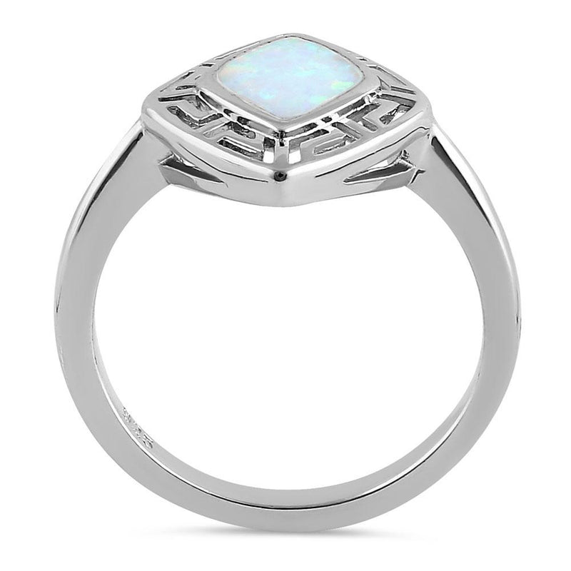 Sterling Silver White Lab Opal Greek Rhombus Ring