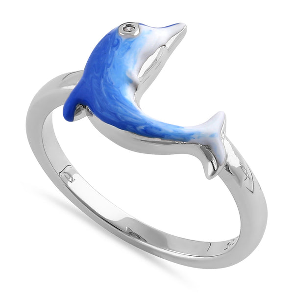 Sterling Silver Hand-Painted Dolphin Multi Colored Dolphin with CZ Ring