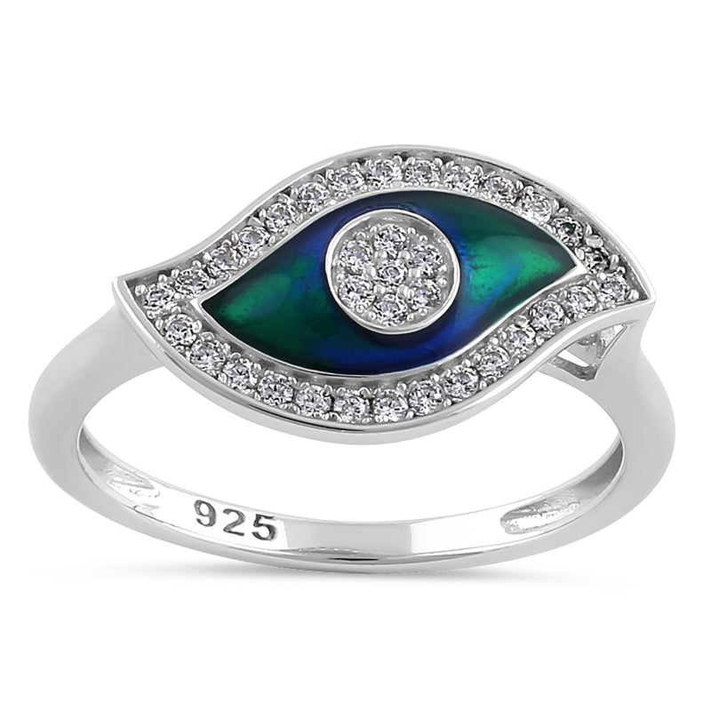 Sterling Silver Hand-Painted  Multi-Colored Evil Eye with Clear CZ Ring