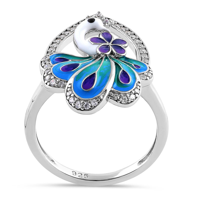 Sterling Silver Hand-Painted Multi-Colored Peacock Clear CZ Ring