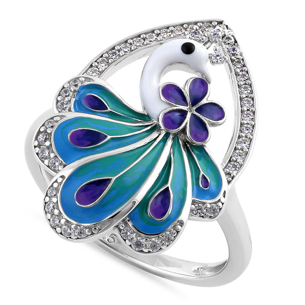 Sterling Silver Hand-Painted Multi-Colored Peacock Clear CZ Ring