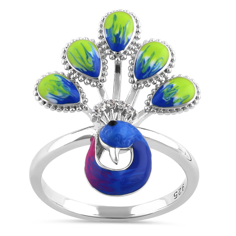 Sterling Silver Hand-Painted Royal Peacock Round Cut Clear CZ Ring