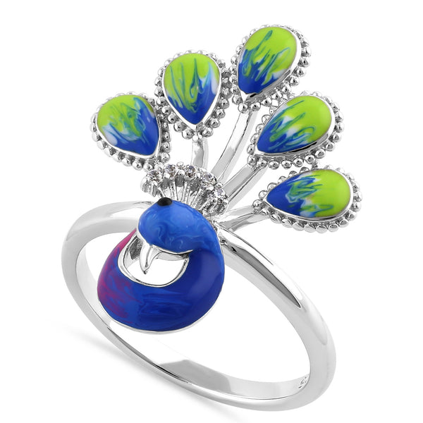 Sterling Silver Hand-Painted Royal Peacock Round Cut Clear CZ Ring