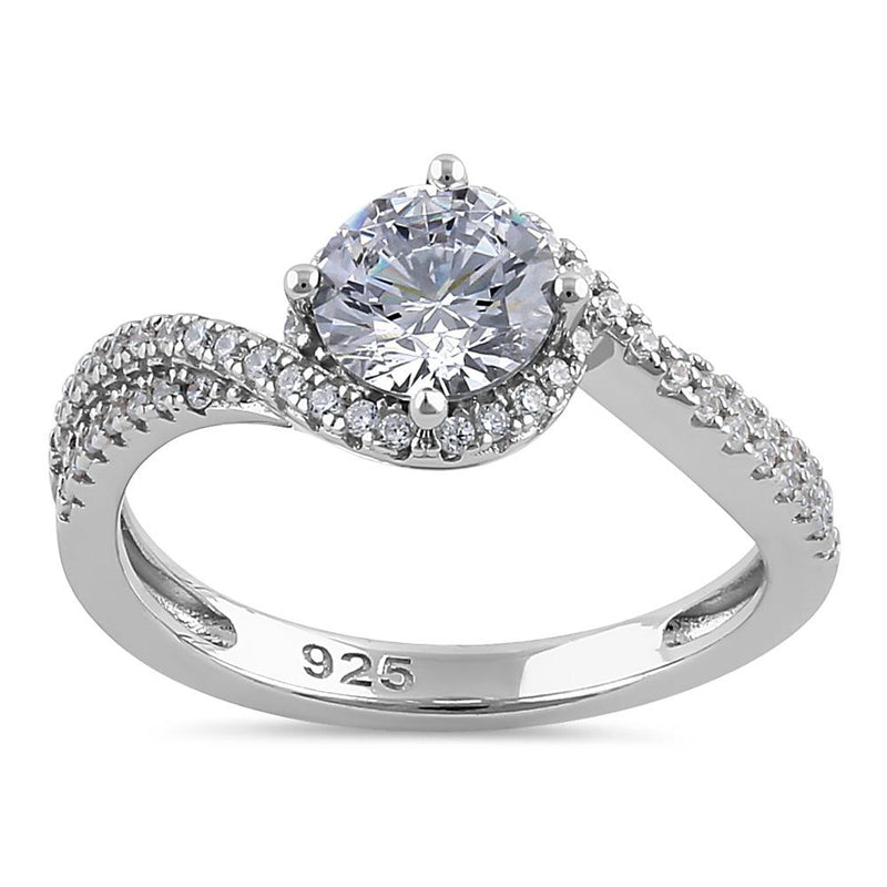 Sterling Silver Elegant Halo Wave Round Cut Clear CZ Engagement Ring