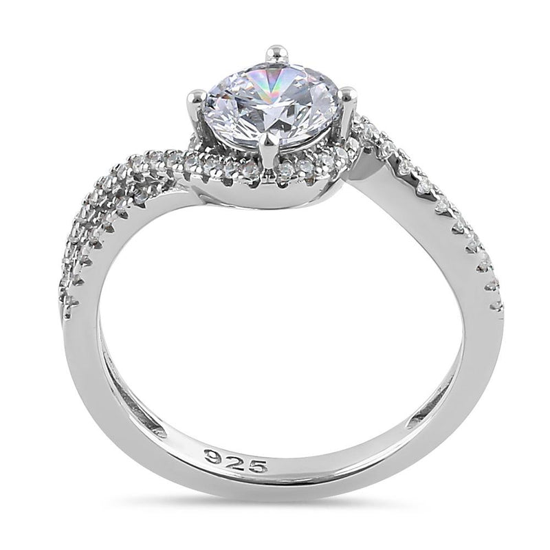 Sterling Silver Elegant Halo Wave Round Cut Clear CZ Engagement Ring
