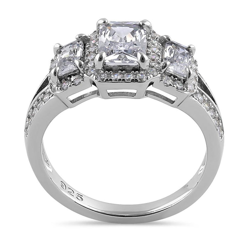 Sterling Silver Triple Rectangular Halo Clear CZ Engagement Ring