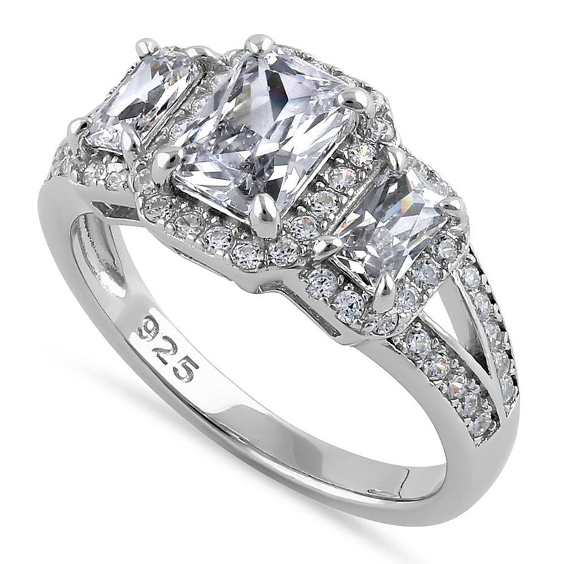 Sterling Silver Triple Rectangular Halo Clear CZ Engagement Ring