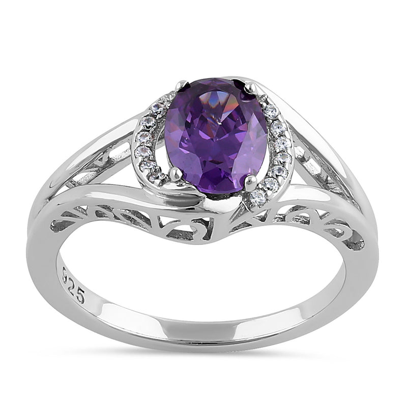 Sterling Silver Filigree Amethyst Oval Halo with Clear CZ Ring