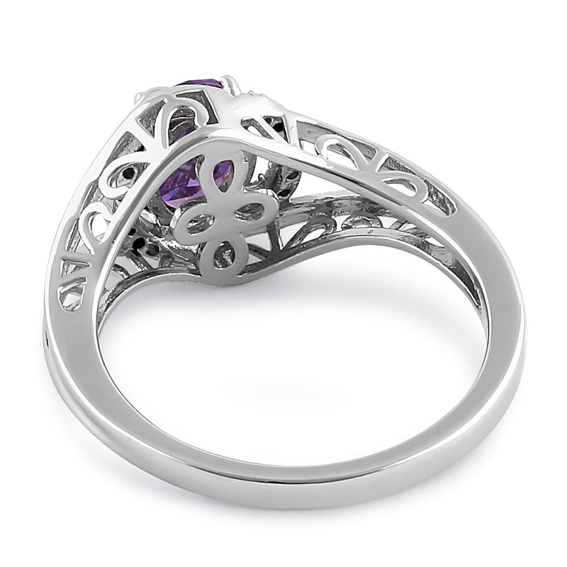 Sterling Silver Filigree Amethyst Oval Halo with Clear CZ Ring