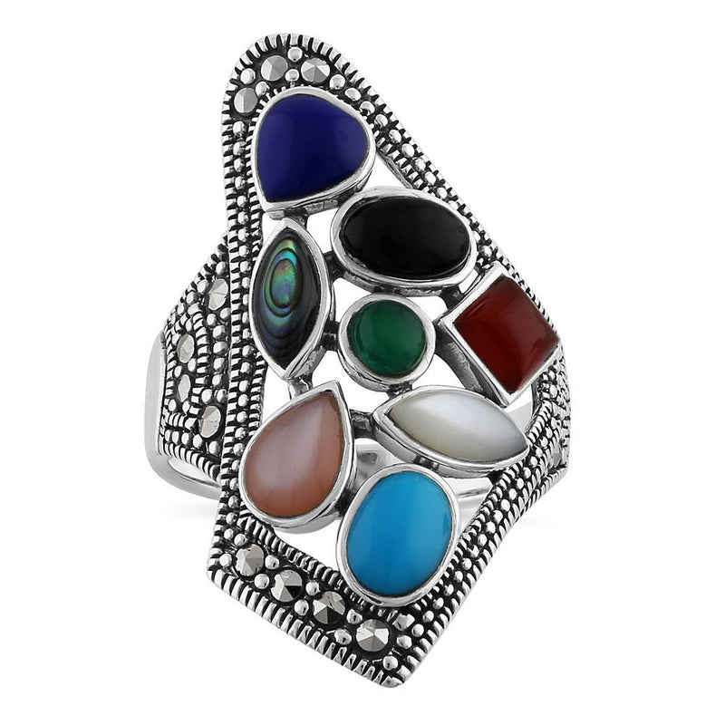 Sterling Silver Multi-Color Stone Obtuse Square Marcasite Ring