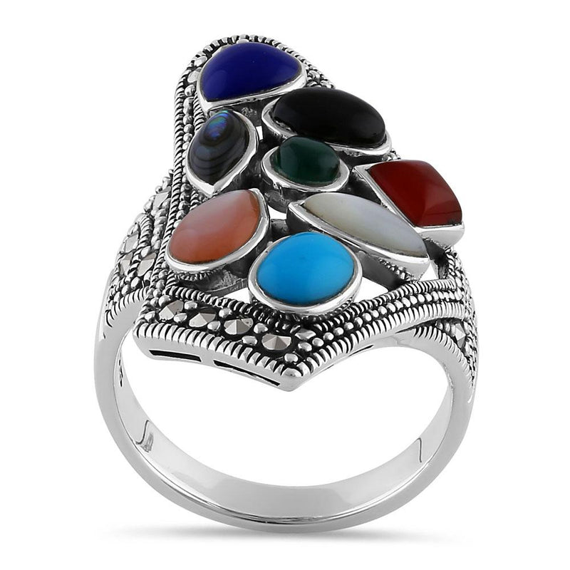 Sterling Silver Multi-Color Stone Obtuse Square Marcasite Ring