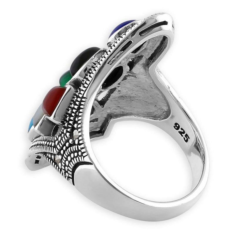 Sterling Silver Multi-Color Stone Obtuse Square Marcasite Ring