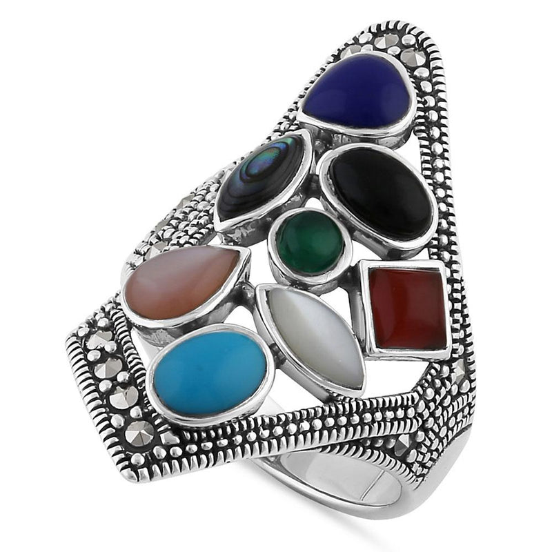 Sterling Silver Multi-Color Stone Obtuse Square Marcasite Ring