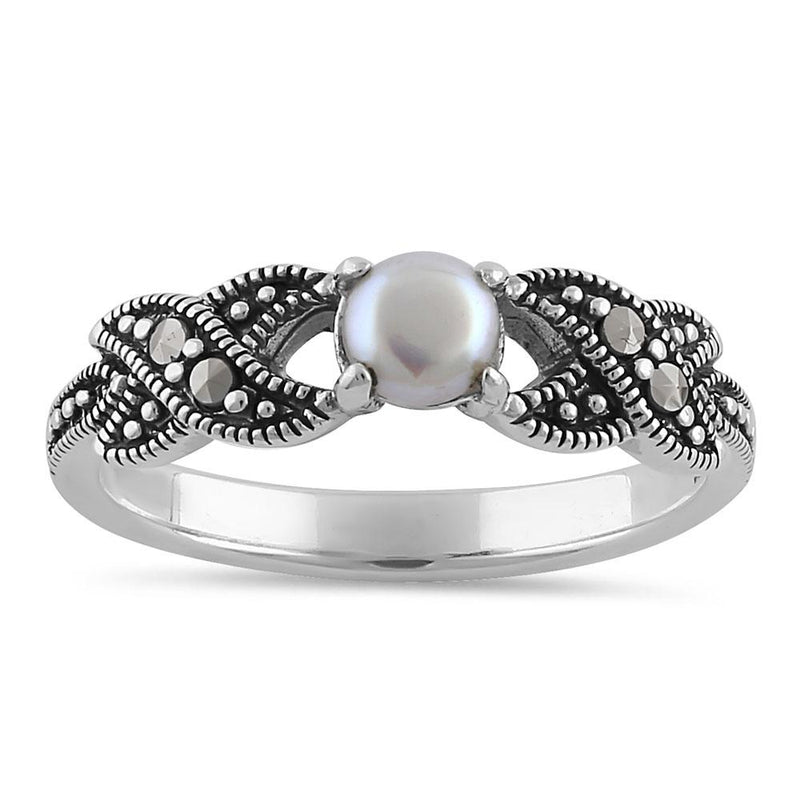 Sterling Silver Oval Fresh Water Pearl Marcasite Ring