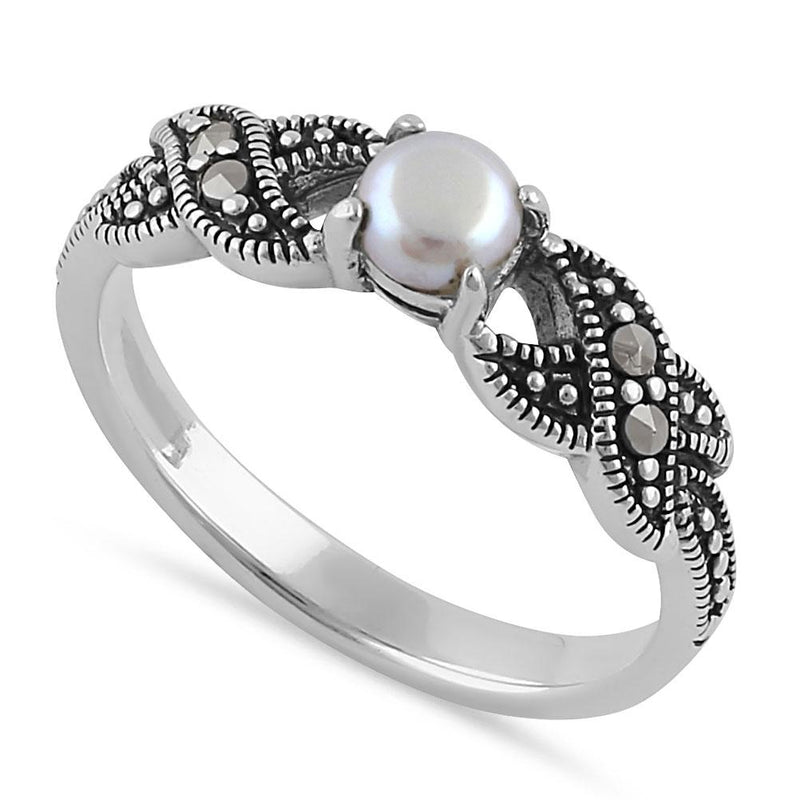 Sterling Silver Oval Fresh Water Pearl Marcasite Ring