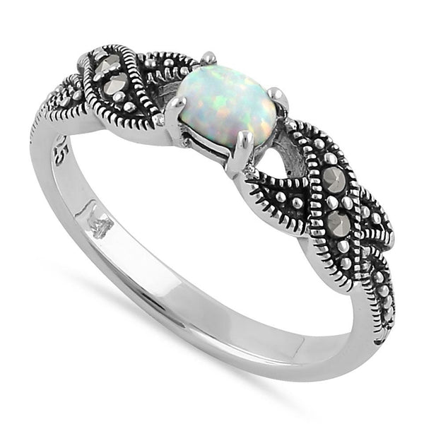 Sterling Silver Oval Opal Marcasite Ring