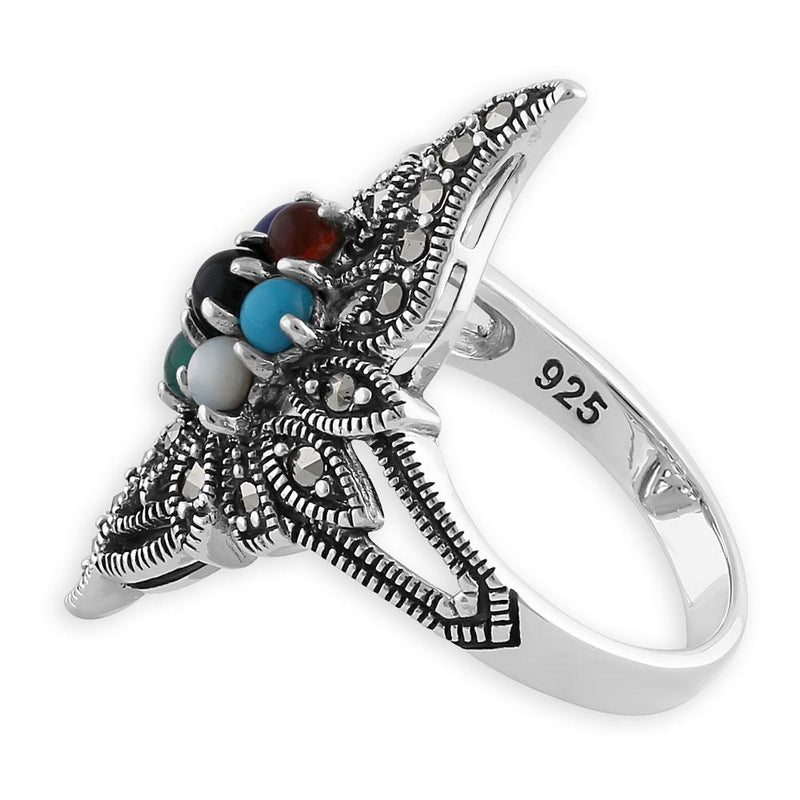 Sterling Silver Exquisite Multi-Color Pear Flower Marcasite Ring