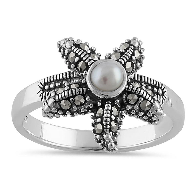 Sterling Silver Fresh Water Pearl Marcasite Starfish Ring