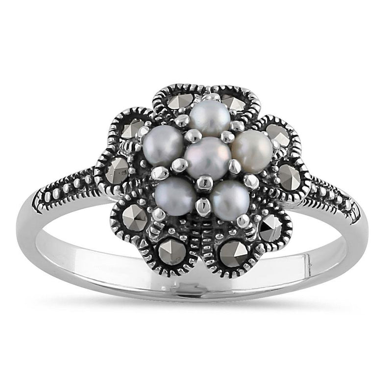 Sterling Silver Fresh Water Pearl Marcasite  Vintage Flower Ring