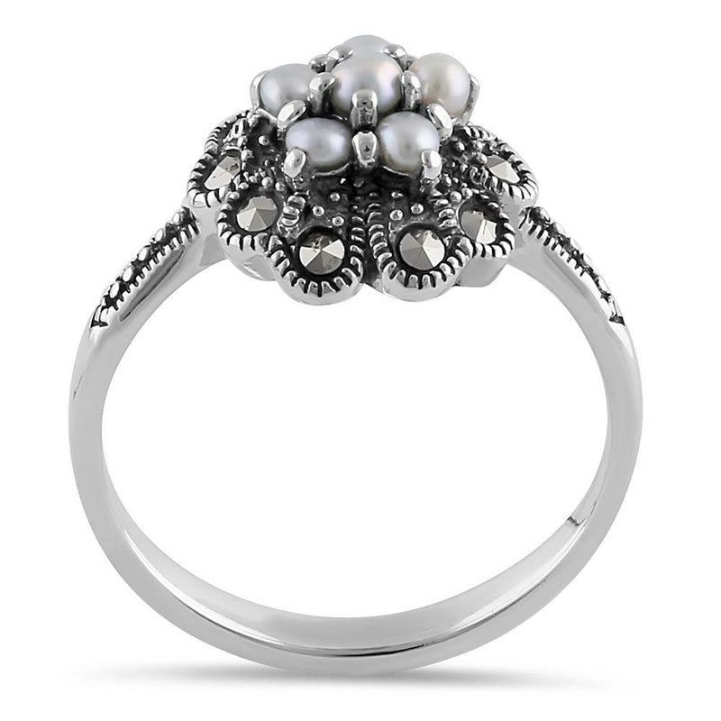 Sterling Silver Fresh Water Pearl Marcasite  Vintage Flower Ring