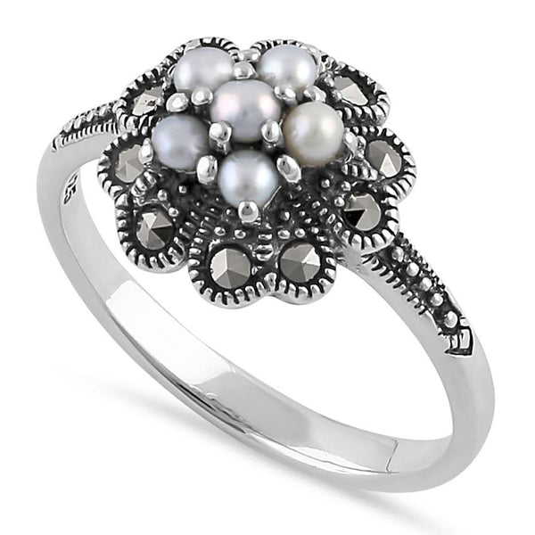 Sterling Silver Fresh Water Pearl Marcasite  Vintage Flower Ring