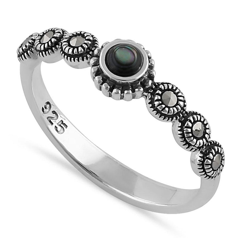 Sterling Silver Small Round Abalone Marcasite Ring