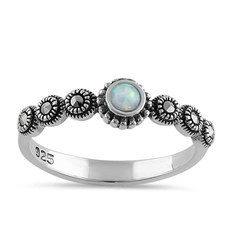 Sterling Silver Small Round Opal Marcasite Ring