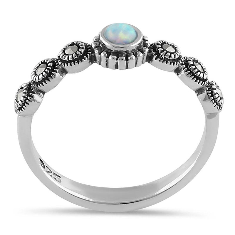 Sterling Silver Small Round Opal Marcasite Ring