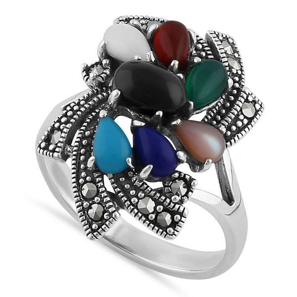 Sterling Silver Multi-Color Marcasite Twist Ring