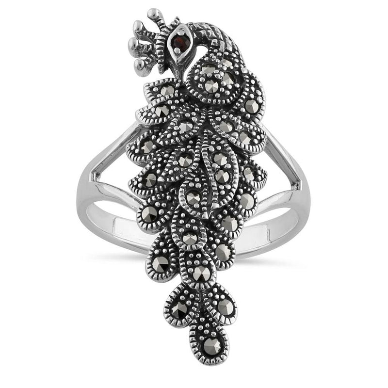 Sterling Silver Elegant Peacock Africagarnet CZ Marcasite Ring