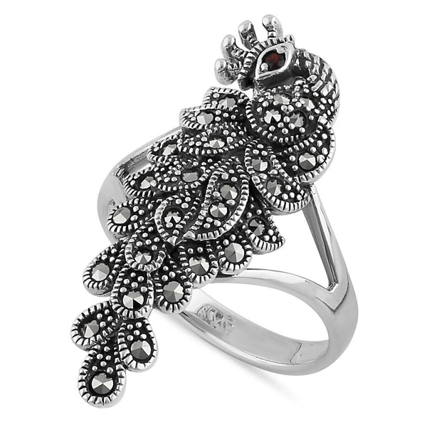 Sterling Silver Elegant Peacock Africagarnet CZ Marcasite Ring