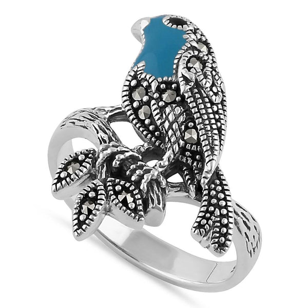 Sterling Silver Hand-Painted Turquoise Bird Marcasite Ring