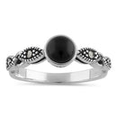 Sterling Silver Round Black Onyx Filigree Marcasite Ring
