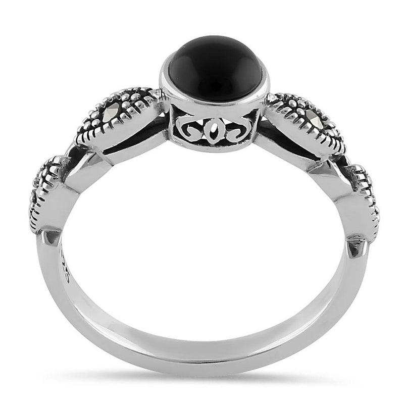 Sterling Silver Round Black Onyx Filigree Marcasite Ring