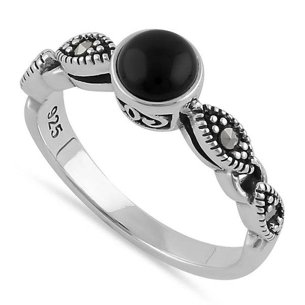 Sterling Silver Round Black Onyx Filigree Marcasite Ring