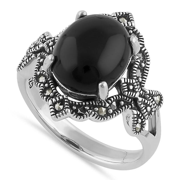 Sterling Silver Victorian Oval Black Onyx Marcasite Ring