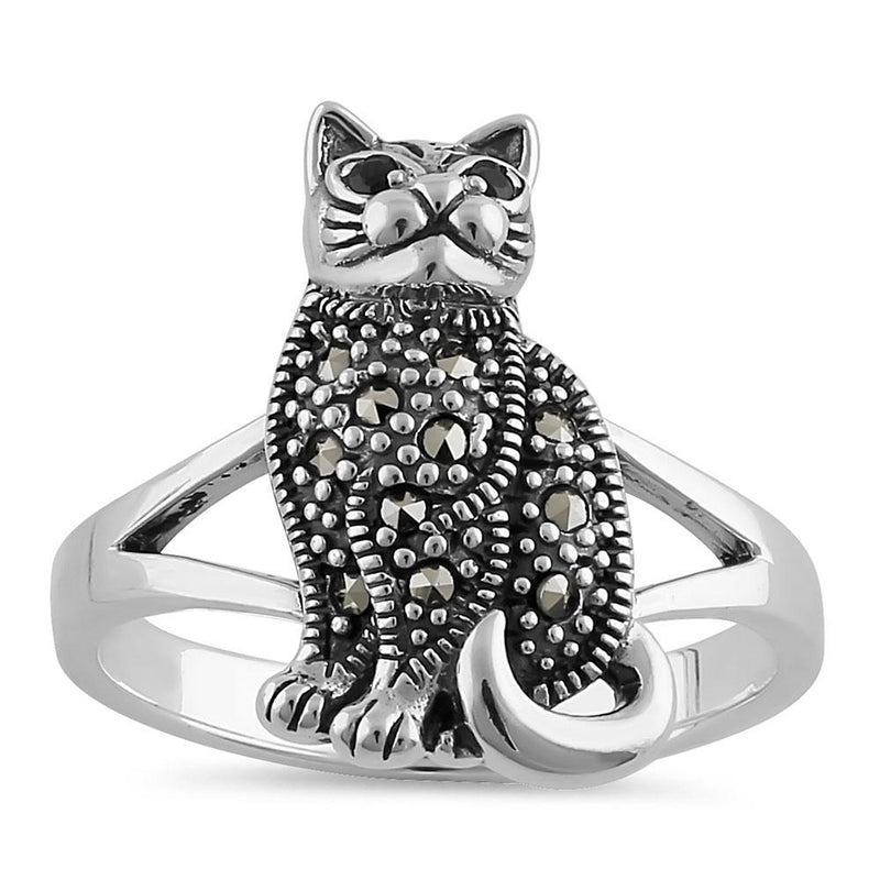 Sterling Silver Clever Cat Round Cut Garnet CZ Marcasite Ring