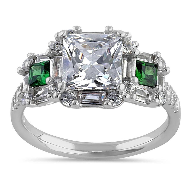 Sterling Silver Classic Princess, Emerald & Round Cut with Clear & Emerald CZ Accents Ring