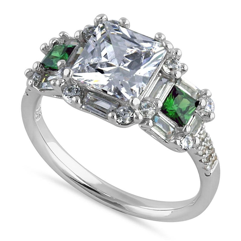 Sterling Silver Classic Princess, Emerald & Round Cut with Clear & Emerald CZ Accents Ring