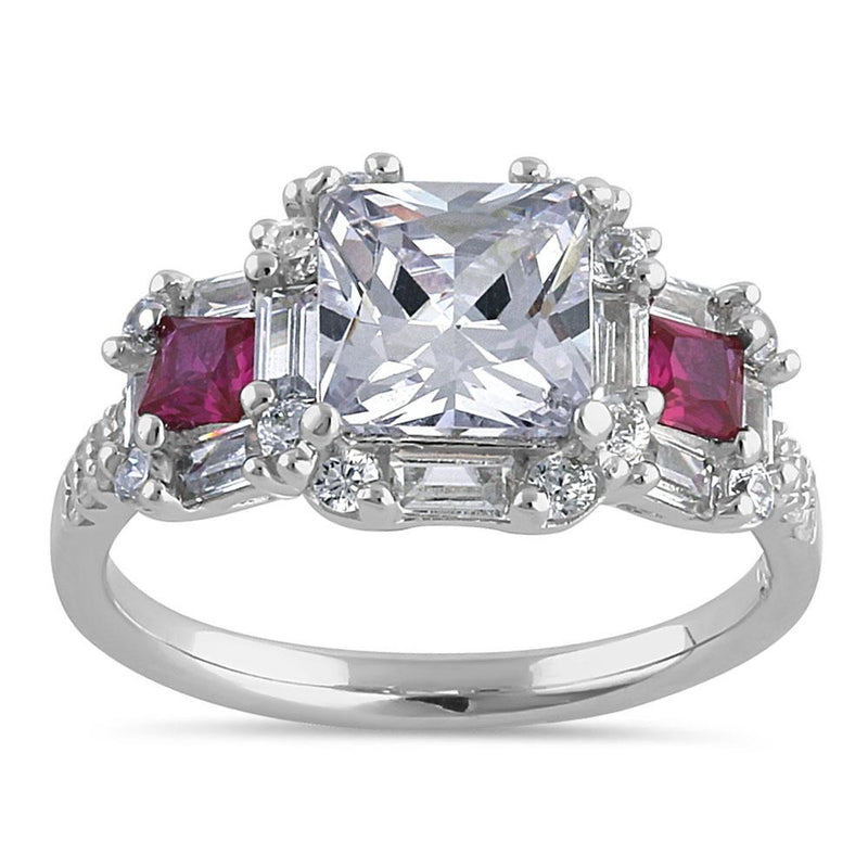 Sterling Silver Classic Princess, Emerald & Round Cut with Clear & Ruby CZ Accents Ring