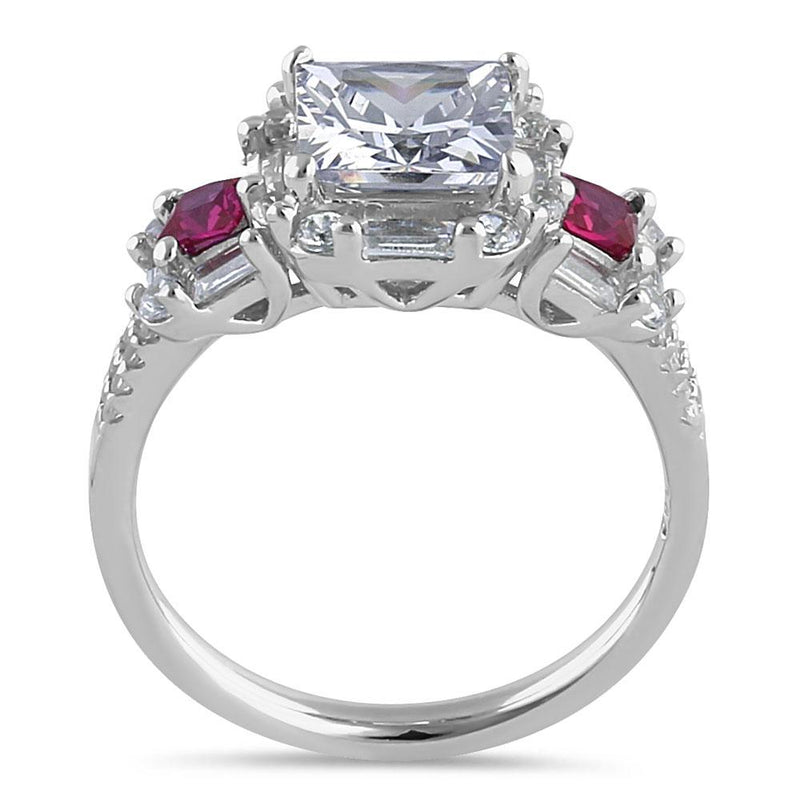 Sterling Silver Classic Princess, Emerald & Round Cut with Clear & Ruby CZ Accents Ring