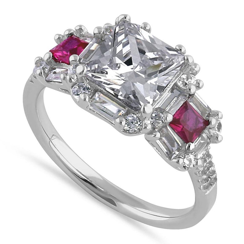 Sterling Silver Classic Princess, Emerald & Round Cut with Clear & Ruby CZ Accents Ring