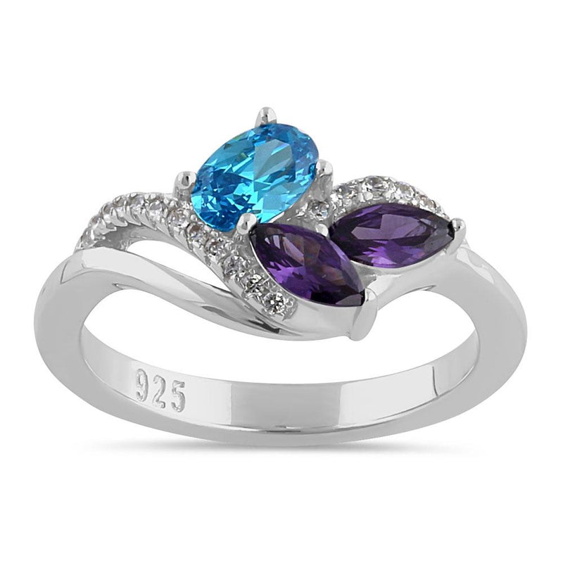 Sterling Silver Blue Topaz Oval Amethyset Marquise CZ Ring