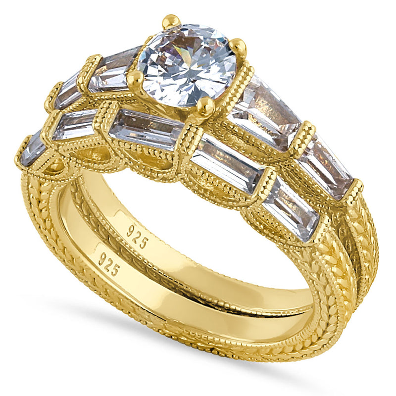 Sterling Silver Yellow Gold Plated Vintage Round & Baguette Cut Clear CZ Engagement Ring Set