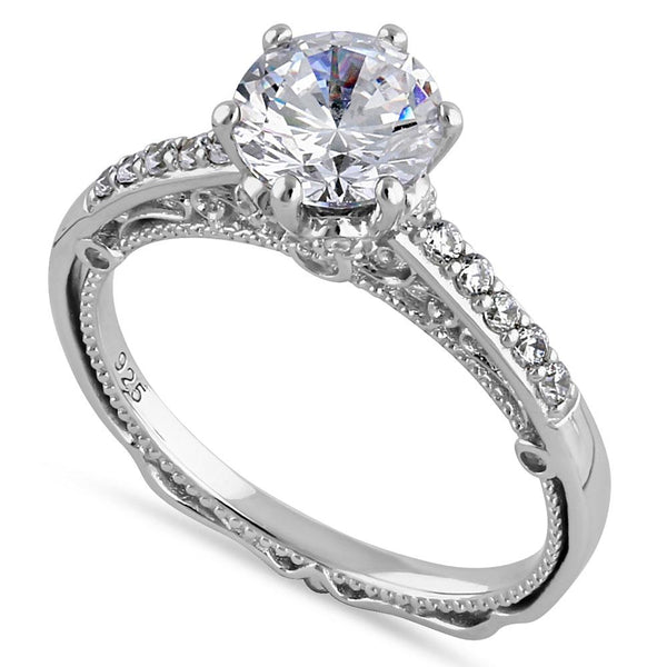 Sterling Silver Victorian Cathedral 7.0mm Round Cut Clear CZ Filigree Engagement Ring