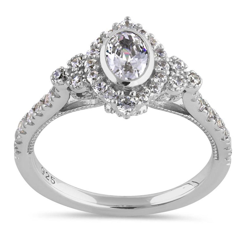 Sterling Silver Victorian Oval Marquise Halo Round Cut Clear CZ Engagement Ring