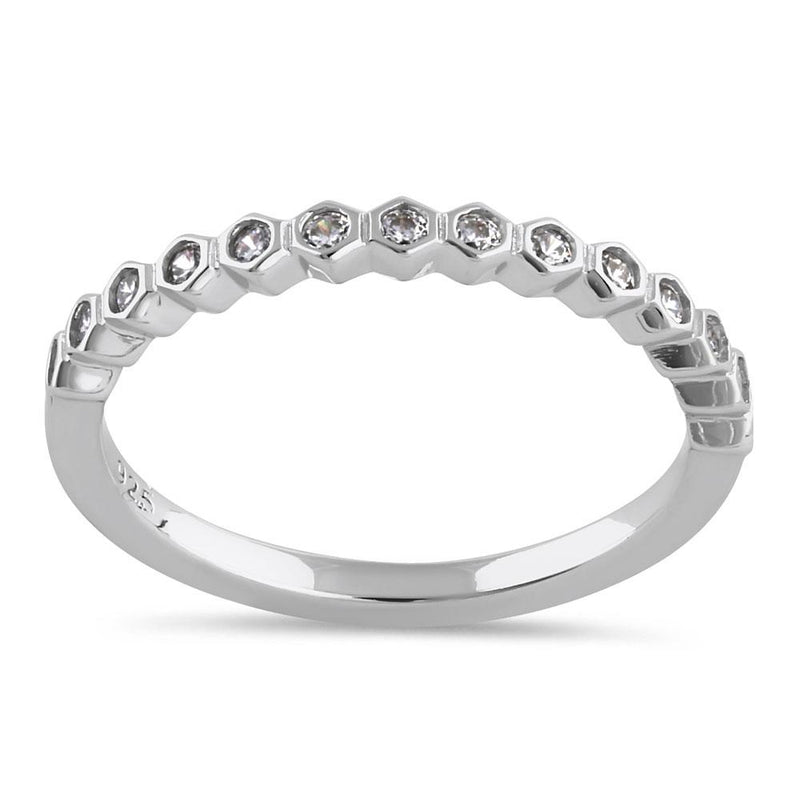 Sterling Silver Half Eternity Hexagon Round Cut Clear CZ Band Ring