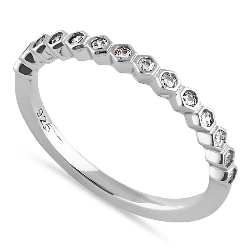 Sterling Silver Half Eternity Hexagon Round Cut Clear CZ Band Ring