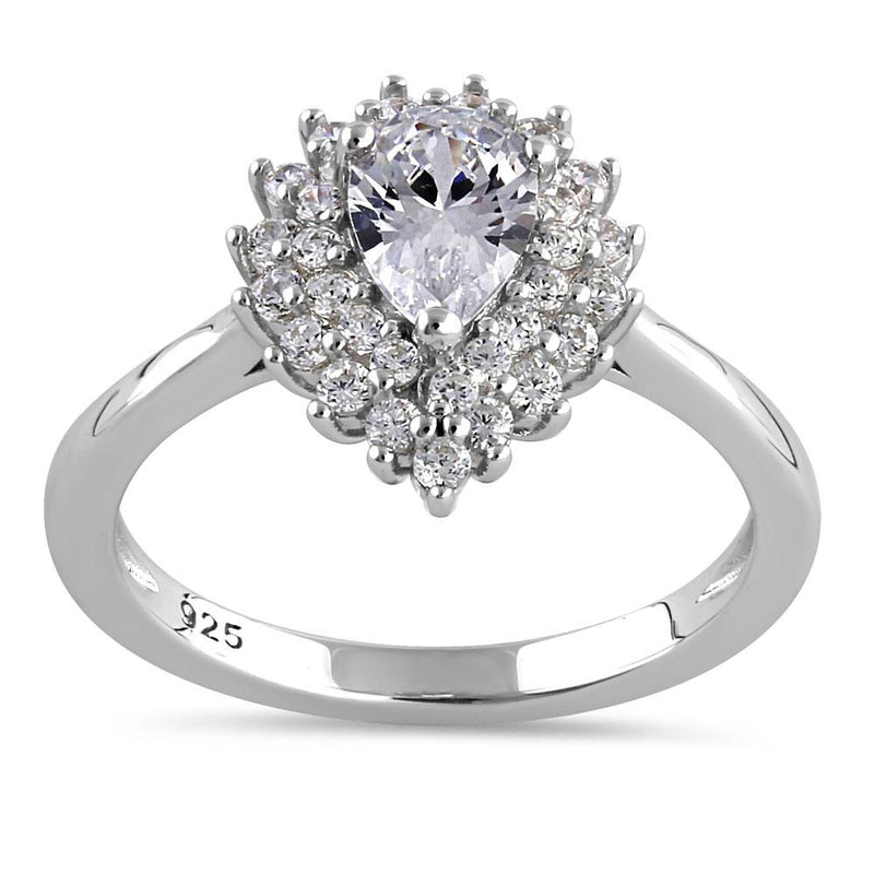 Sterling Silver Elegant Pear Halo Round Cut Clear CZ Engagement Ring