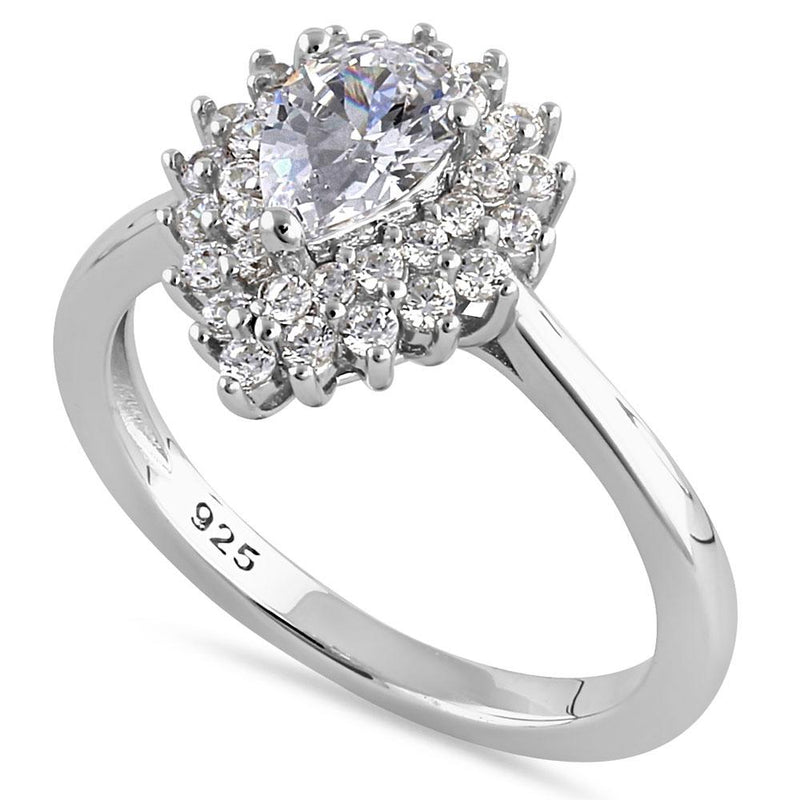 Sterling Silver Elegant Pear Halo Round Cut Clear CZ Engagement Ring